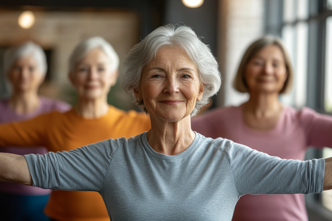 Група людей середнього віку займається ритмічною терапією в світлому залі